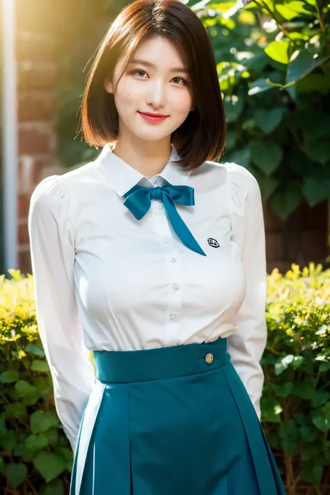 (Best_quality, masterpiece:1.0, ultra high res, ultra detaild, HDR, 8k), wearing school uniforms, standing, (classroom background), mouth closed, smiling, black eyes, 1 girl, short hair, Sexy body, Young female,Beautiful Fingers,Beautiful long legs, Beauti...