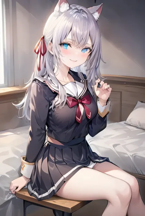 Masterpiece, anime coloring, ultra-detailed, 16k, athletic sitting, close-up from the front, white sailor uniform, (transparent), skirt, ((skirt flip, white panties)), silver hair, long hair, yellow cat ears, blush, smiling, blue eyes, red string ribbon, ...