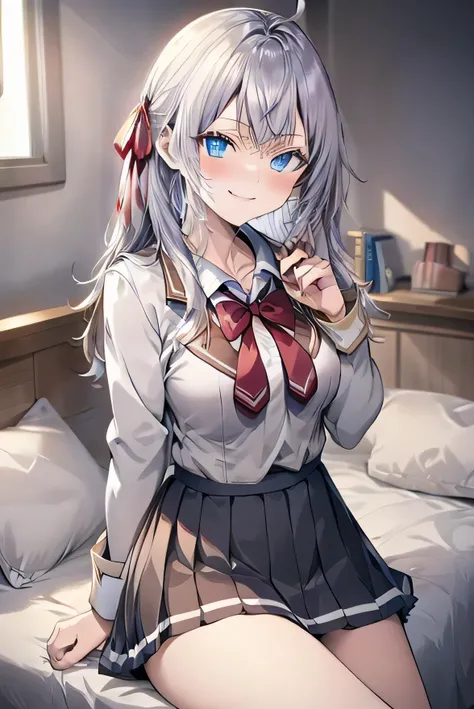 Masterpiece, anime coloring, ultra-detailed, 16k, athletic sitting,, white sailor uniform, (transparent), skirt, ((skirt flip, white panties)), silver hair, long hair,  blush,  smiling, blue eyes, red string ribbon, 、from front、cowboy shot、bed