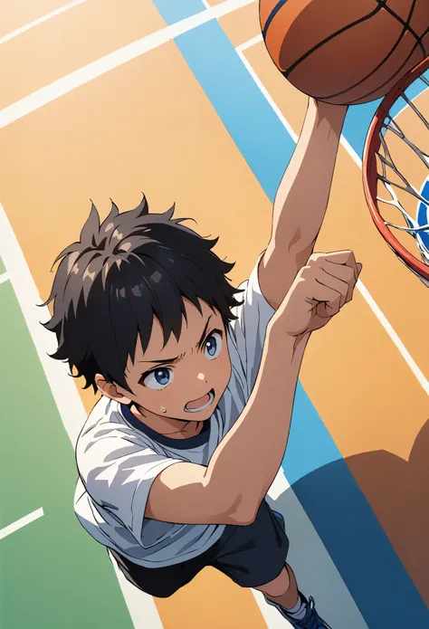 （The concept of this work is、A boy playing an intense game on a basketball court。In the midst of all this, I jumped high, cutting through the air.、A young boy is captured on camera making a dynamic dunk shot.。), A scene on the basketball court where boys a...