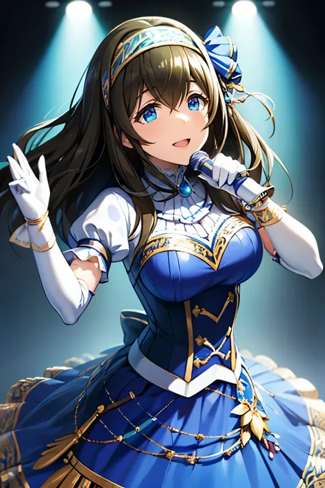 fffumika, idolmaster, long hair, hairband, blue dress, puffy short sleeves, bracelet, elbow gloves, white gloves, masterpiece, best quality, high resolution, high details, singing, smile