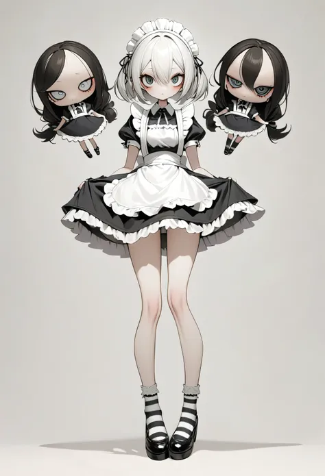 1 big eyes doll，unique，maid costume，black and white，slender legs，long striped socks，shoe