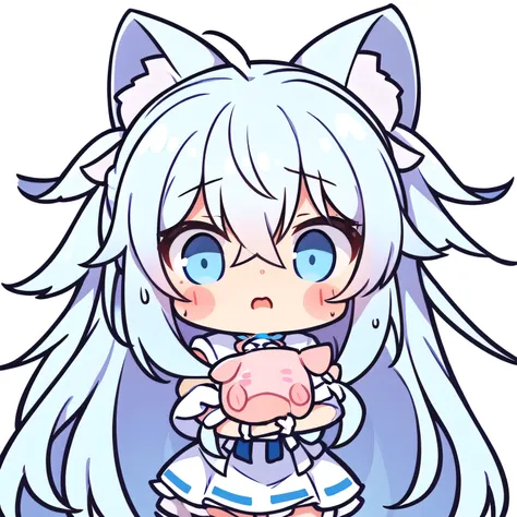 masterpiece,best quality,girl,Long hair,Pig head,Messy hair,Blue and White Ombre Hair,White background,Speechless expression,sweat,Cartoon facial expression,详细的girl头像,Third view,9 emoticons,Three quarter side,Thinking expression,Naturally cute