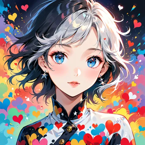 Black Star Red and White style, Simple Line Initialism,Abstract art,Urban Background, (((The most beautiful girl of all time))), Sweet face. Lips in love, colorful hearts, stylish design