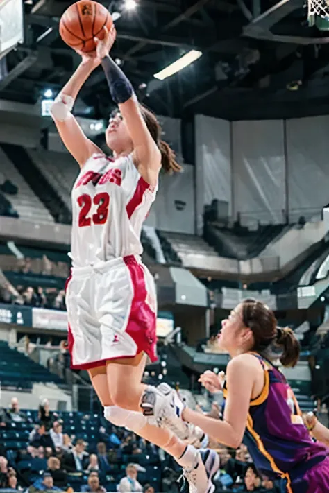 ((women's basketball players)), young and beautiful girl、美しい顔のdetailedな描写、alone, dunk shot, jumping shoot、close-up、motion blur、d...