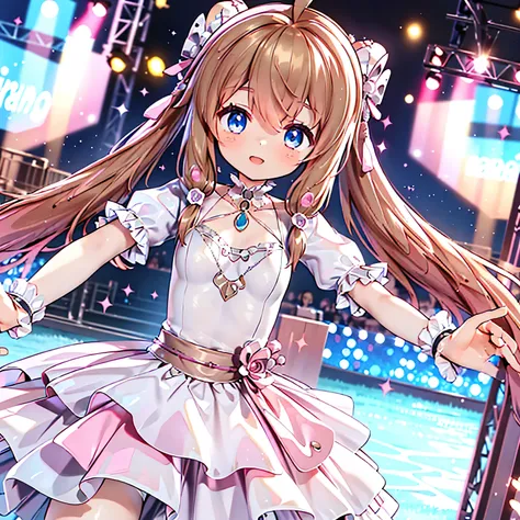 Solo girl, comical, kawaii, Blue eyes, light brown hair, back high twintails, front braids, princess dress, smile, front view, dance at the stage, neon and led lights, posing, sexy, high-resolution image, masterpiece, high quality, attractive eyes, ((dutch...