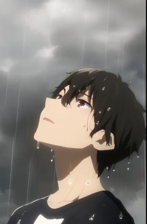 masterpiece, best quality, youle, 1boy, male focus, solo, brown hair, red eyes, standing, straight-on, upper body, (looking up), wet, looking at sky, thinking, t-shirt, rain, dark, fog
