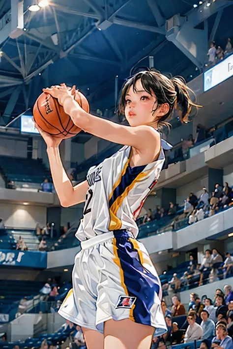 ((female basketball player)), young and beautiful girl、美しい顔のdetailedな描写、alone, dunk shot, jumping chute、close、motion blur、dynami...