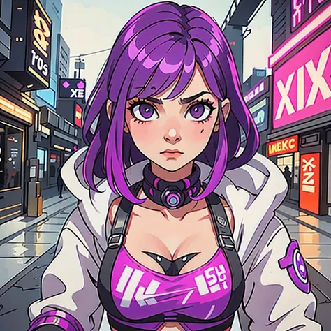 araffe with purple hair and a purple bra top posing for a picture, cyberpunk 2 0 y. o model girl, female cyberpunk anime girl, d...