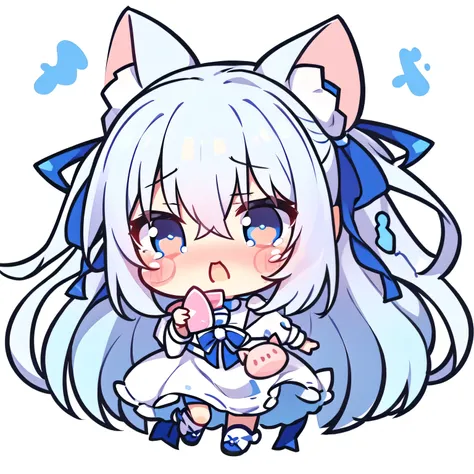 masterpiece,best quality,girl,Long hair,Pig head,Messy hair,Blue and White Ombre Hair,White background,Crying emoticon,tearing up,详细的girl头像,Third view,9 emoticons,Three quarter side,Pouting