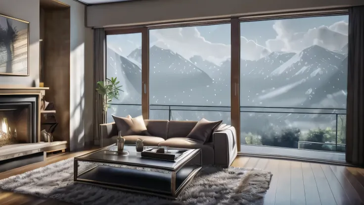 Living room with fireplace and sofa, tv set、Large windows、Vray 8K Rendering, 8K Photorender Reality Engine, Rendered with Unreal Engine 5, Unreal Engine 5 rendered, Render with Lumion Pro, Unreal 5 Engine Rendered, Rendered with Unreal Engine 6, Rendering ...