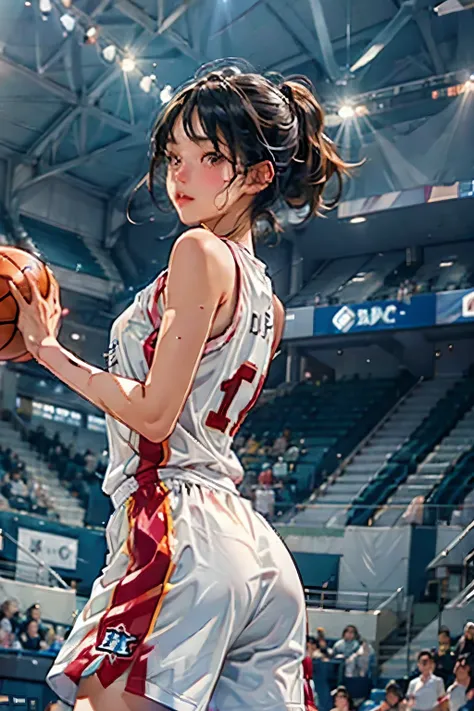 ((female basketball player)), young and beautiful girl、美しい顔のdetailedな描写、alone, dunk shot, jumping chute、close、motion blur、dynami...