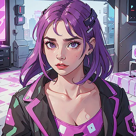 araffe with purple hair and a purple bra top posing for a picture, cyberpunk 2 0 y. o model girl, female cyberpunk anime girl, d...