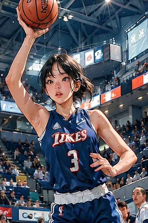 ((female basketball player)), young and beautiful girl、美しい顔のdetailedな描写、alone, dunk shot, jumping chute、close、motion blur、dynami...