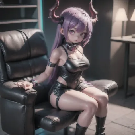 arafed girl with purple hair sitting on a black chair, realistic anime 3 d style, 3 d anime realistic, realistic artstyle, hyper...