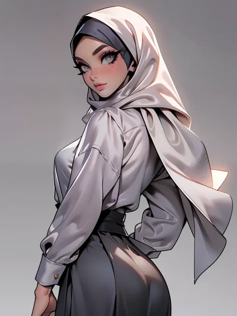 (Masterpiece, best quality) detailed, character sheet, ((a woman, beautifully makeup, eyeshadow, beautiful big eyes, long eye lashes, wearing (Taupe satin hijab), ((gray satin shirt)), satin long maxi skirt)), photography, detailed skin, realistic, photo-r...