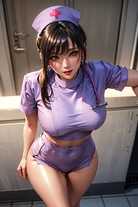 (((((43yo))))), (((((Sexy shiny nurse uniform))))), masterpiece, (From above), ((((Large Breasts)))), ((((Big Hips)))), ((((((Sexy pose)))))), (Very tanned and shiny skin),  photoRealistic, Realistic, alone, photoRealistic, Highest quality, Ultra-high reso...