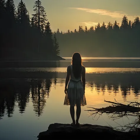there is a woman standing on a rock looking out at the water, standing in a lake, beautiful girl on the horizon, setting in nature, girl watching sunset, beautiful  girl, perfect composition artem demura, near a lake, beautiful and mysterious, standing nex...