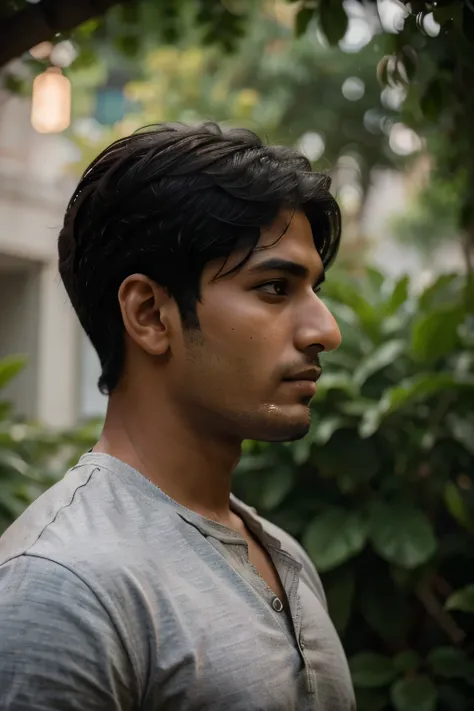 Attractive young Indian man with short black hair in a side profile view, eyes cast downward with a contemplative look, photorealistic high-quality image