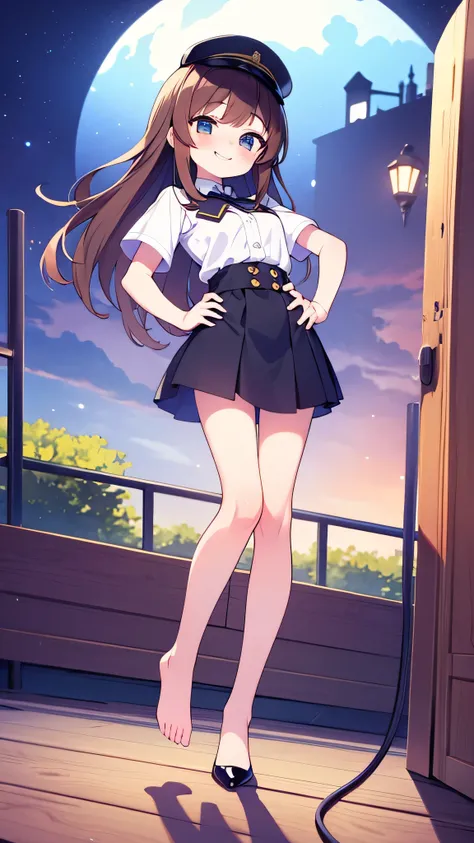 {Highest quality}, {Super beautiful},{Ultra fine},{Best illustration},Brown Hair,Hime cut,semi-long,Bangs,Standing Woman,Uniform cap,White Shirt,Short sleeve,Long black skirt,Night Park,Embarrassed,smilingly,Blushing,Slender women, A woman wearing plain bl...