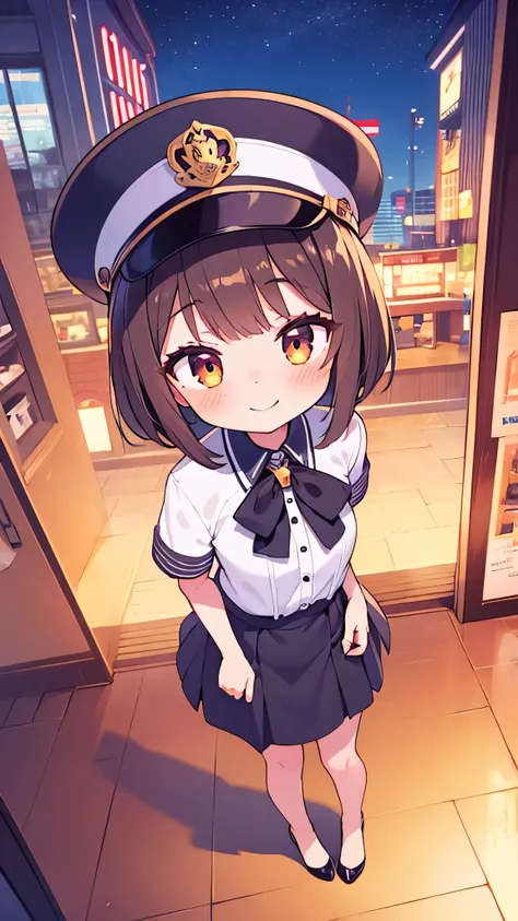 {Highest quality}, {Super beautiful},{Ultra fine},{Best illustration},Brown Hair,Hime cut,semi-long,Bangs,Standing Woman,Uniform cap,White Shirt,Short sleeve,Long black skirt,Night Park,Embarrassed,smilingly,Blushing,Slender women, A woman wearing plain bl...