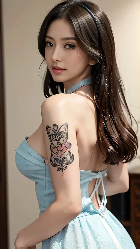 ((top quality, 8k, masterpiece: 1.3)), (a beauty girl with tattoos on her body, beautiful tattoo art detailed), ((text tattoo on...