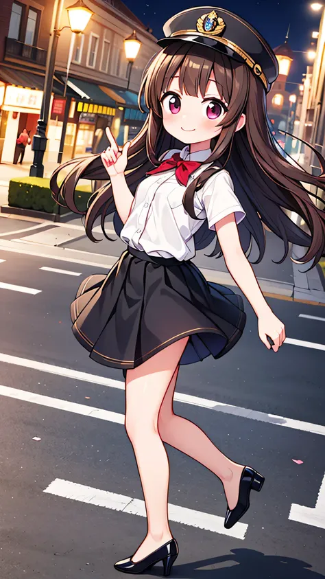 {Highest quality}, {Super beautiful},{Ultra fine},{Best illustration},Brown Hair,Hime cut,semi-long,Bangs,Standing Woman,Uniform cap,White Shirt,Short sleeve,Long black skirt,Night Park,Embarrassed,smilingly,Blushing,Slender women, A woman wearing plain bl...