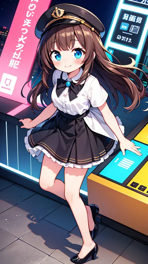 {Highest quality}, {Super beautiful},{Ultra fine},{Best illustration},Brown Hair,Hime cut,semi-long,Bangs,Standing Woman,Uniform cap,White Shirt,Short sleeve,Long black skirt,Night Park,Embarrassed,smilingly,Blushing,Slender women, A woman wearing plain bl...