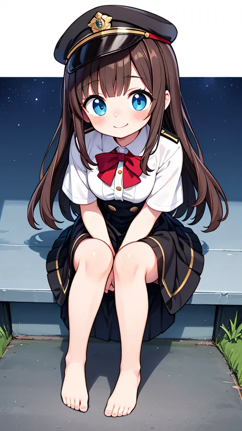 {Highest quality}, {Super beautiful},{Ultra fine},{Best illustration},Brown Hair,Hime cut,semi-long,Bangs,Slouching Woman,Uniform cap,White Shirt,Short sleeve,Long black skirt,Night Park,Embarrassed,smilingly,Blushing,Slender women, A woman wearing plain b...