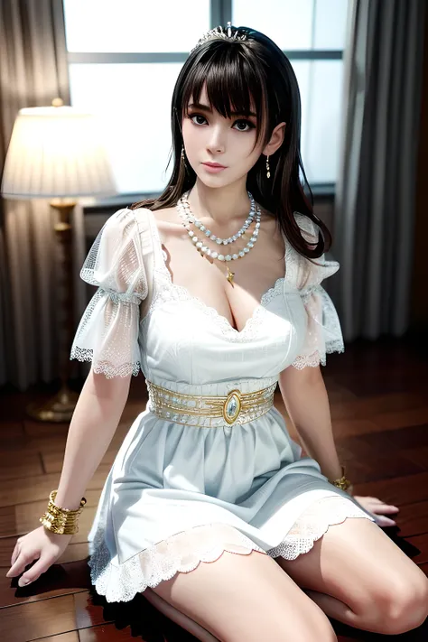 1girl is wearing a graceful white dress with a pearl necklace. The dress is adorned with delicate lace and has capped sleeves. The fabric is embellished with sparkling accents resembling stars. The person is also wearing a gold bracelet on their left wrist...