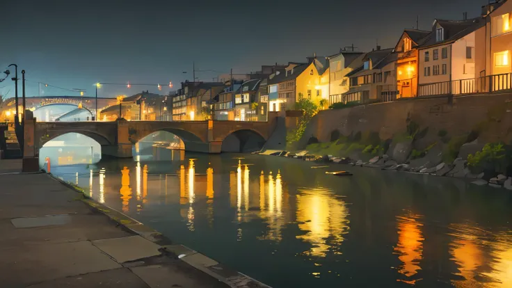 ((best quality)), ((masterpiece)), (detailed), colorful city night view, There is a bridge across a large river., distant landscape photography, 90&#39;s Japanese city feel, Feels like city pop, very realistic, mysterious atmosphere