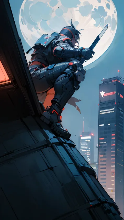 ((Best quality)), ((masterpiece)), (detailed), 1 guy, ninja, on the roof of a skyscraper, night, Moonlight, Cyberpunk, neon light