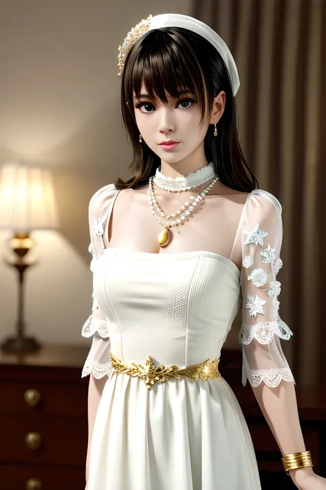 1girl is wearing a graceful white dress with a pearl necklace. The dress is adorned with delicate lace and has capped sleeves. The fabric is embellished with sparkling accents resembling stars. The person is also wearing a gold bracelet on their left wrist...