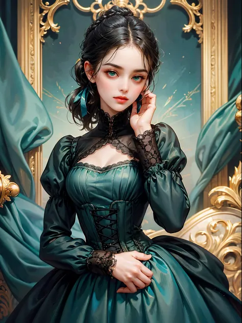 A girl, chignon black hair, small breast, green eyes. She wears a low-cut dress. She wears sky blue a Victorian era dress. Beautiful girl, detailed eyes, detailed face, detailed hands. She looks at the viewer. Full figure. Background inside of a hall