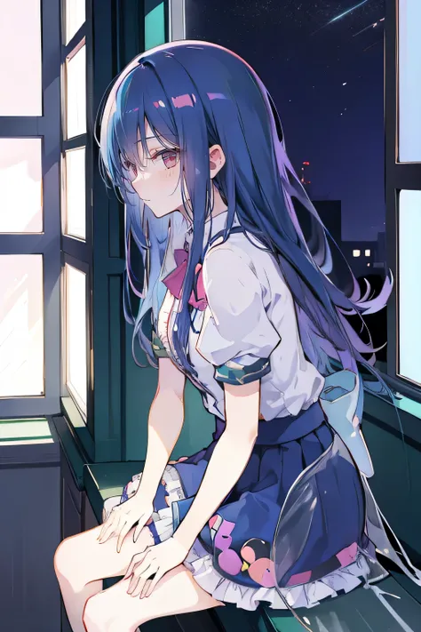 Anime Girl sitting on window sill drinking coffee and looking out the window, (Anime Girl), Anime cute art style, seductive Anime Girl, Beautiful anime high school, Cute girl anime visual, Night Core, Best Girl in Anime, young Anime Girl,dark blue long hai...