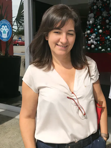 smiling woman in white shirt and blue pants standing outside of a store, about 40 years old, 40 years old women, 40years old, (38 years old), 40 years woman,