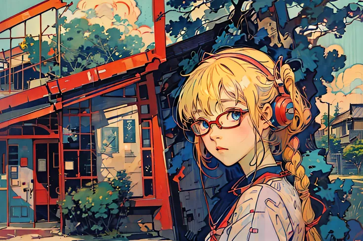 anime,an illustration,purple robot,mobile suit,dom,light blue check dress,red glasses,blonde,light blue mesh hair,beautiful girl...