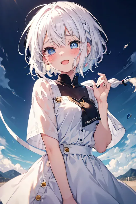 girl, cute anime girl, smile, open mouth, white hair, short hair, hair in a braid on the side, messy hair, big eyes, heterochromia, left blue eye, right yellow eye, blushing, tears, crying, tears rolled down on cheeks
