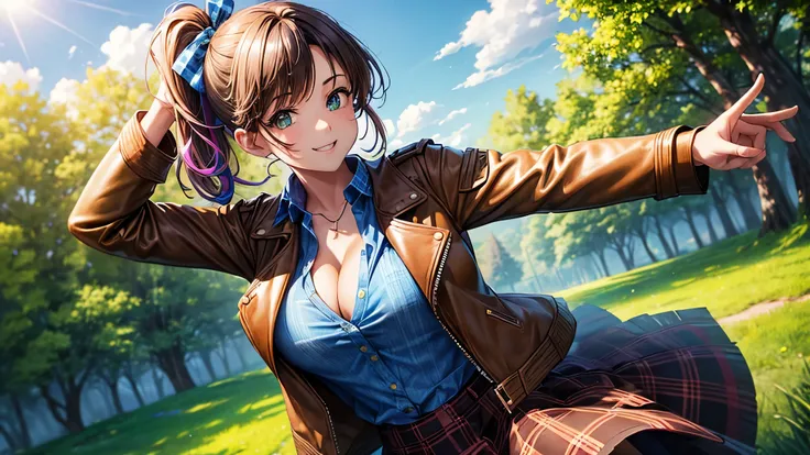 1girl, solo, village, trees, sun, clouds, ((colorful hair)), side ponytail, large breasts, ((brown leather jacket)), button down shirt, ((blue checked shirt)), ((unbuttoned shirt)), unbuttoning buttons, cleavage 1:3 green eyes, long skirt, brown boots, smi...