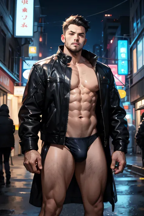 City backstreet at night、Woman throws giant man、Expressionless、Wearing a black leather jacket and black speedo, male underwear, speedo, no pants、Dynamic pose