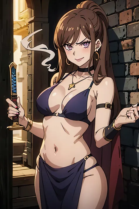 , (anime:1.4), 1girl, solo, claudia_synduality_noir, brown hair, purple eyes, long hair, ear piercing, long hair, blush, lipstick,Hot girl, baddie, staring, glaring, bad attitude, mean girl, dare, angry, hate, crazy, smoking, sensual, attractive ,jewelry, ...