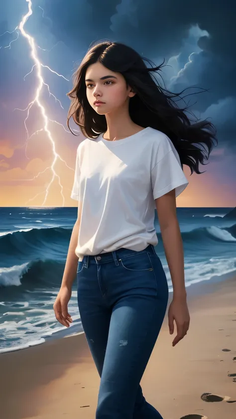 ((best quality)), ((masterpiece)), (detailed), A digital illustration of a long black haired teenage girl walking on the beach near the ocean looking at the ocean at night wearing white t-shirt and blue jeans with dark clouds and lightning in background. T...