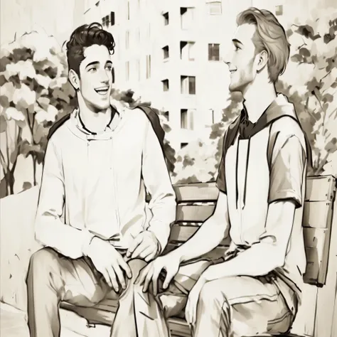 there are two men sitting on a bench talking to each other, animation still, two buddies sitting in a room, petros and leonid, drawn with photoshop, high quality portrait, two young men, edmund blair and charlie bowater, illustration!, animated still, digi...