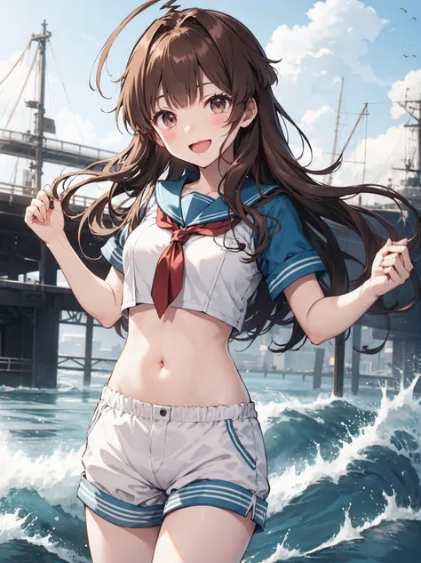 1young_teen_ girl, brown_hair, long_hair, sailor_uniform,white_ baggy_shorts, short_sleeve, thighs, small_breasts, big_smile, open_mouth, standing, harbor_background, slightly_spread_legs, happiness, covered_crotch,ahoge,XD,exciting,dynamic_posing,solo,(n...
