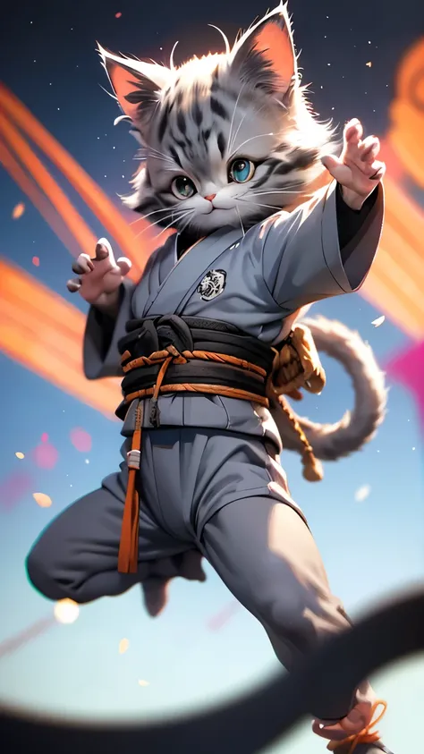 ((gray kitten)), with big blue eyes, ((only gray fur)), Dragon Ball, It is on the planet Namec, Capsule corporation, combat clothing from the dragon ball series, ((orange kimono)), Dragon Ball, waving the paw in the air, curved pata, in focus, beautiful, a...