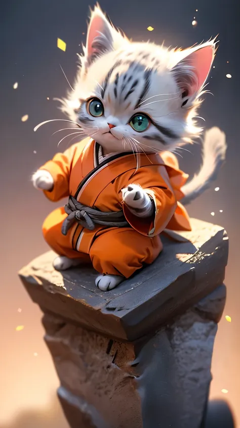 ((gray kitten)), with big blue eyes, ((only gray fur)), Dragon Ball, It is on the planet Namec, Capsule corporation, combat clothing from the dragon ball series, ((orange kimono)), Dragon Ball, waving the paw in the air, curved pata, in focus, beautiful, a...