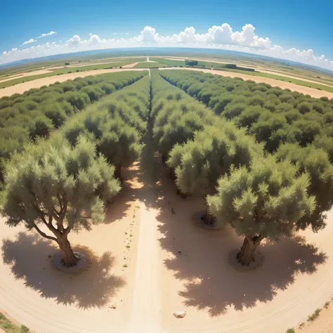 A vast olive tree plantation ,sunny day ,few clouds 