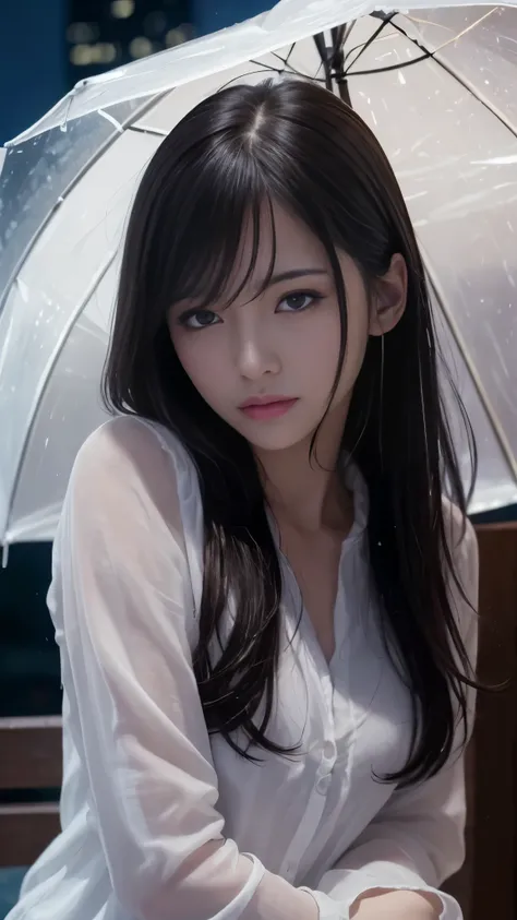 masterpiece, wonderful, high quality、high resolution、High resolution、超A high resolution、(CG illustration)、night, Outdoor, Wet day, ((woman)),  Indifference, Seriousness, bangs, (assassin),  White clothes、Degrees of Freedom:1.8、Accurate anatomy、Realistic te...