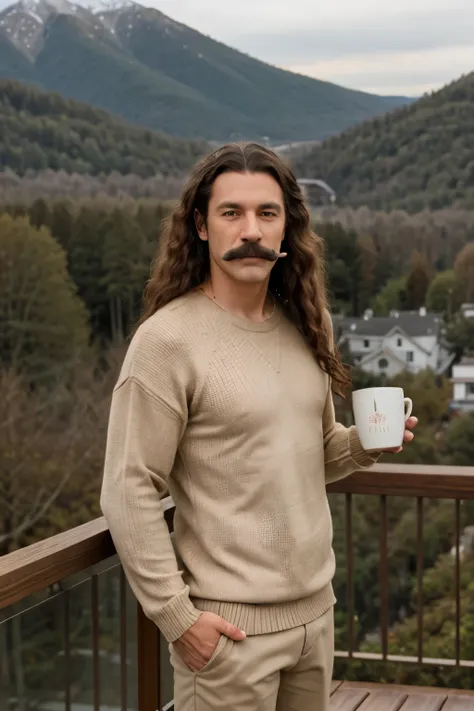 Photo of a man with long curly hair and a mustache, wearing a beige sweater, holding a white mug, standing on a wooden balcony, with a scenic view of mountains and forest in the background