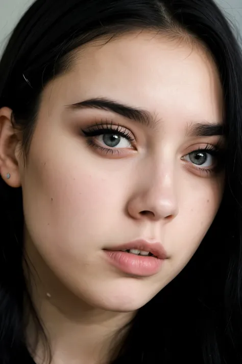 photo of a 27 year old woman with a sad face, in a simple house, with a face similar to Billie Eilish with black eyes, dark shaped eyes, makeup on black eyelids, and black eyeliner, with long black hair and striking look.